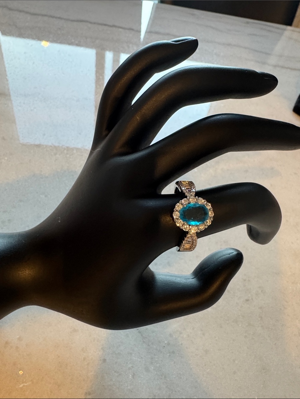 New Blue Halo Gemstone Ring with Pavé Accents
